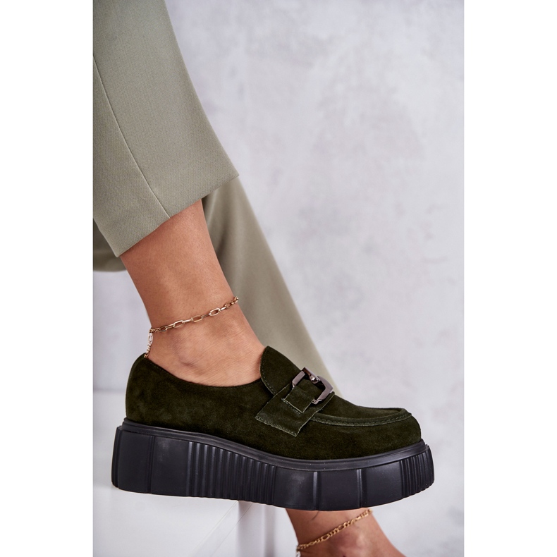 Modne Zamszowe Półbuty Na Platformie Khaki Marsol zielone 1