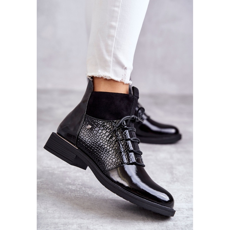 Vinceza Lakierowane Ocieplane Botki Sznurowane Czarne Cathrine 2