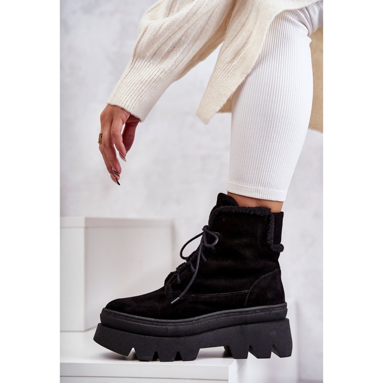 Zamszowe Ocieplane Botki Sznurowane Czarne Elisabeth 1