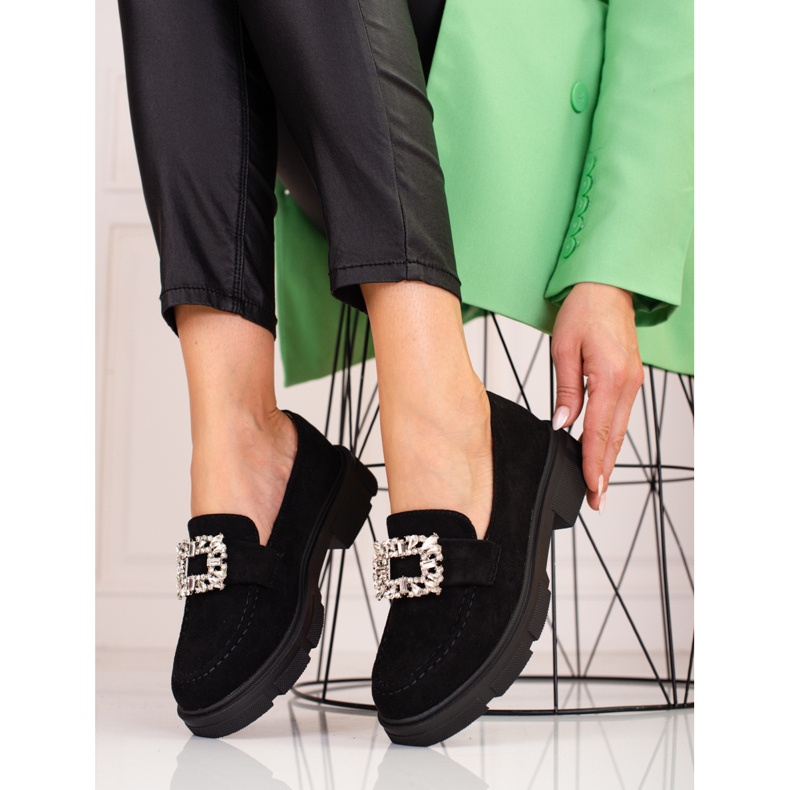 Zamszowe mokasyny na platformie Shelovet czarne 1