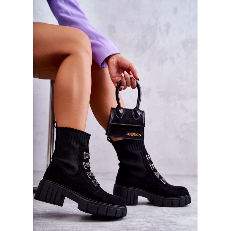 Seastar Zamszowe Wsuwane Botki Skarpetkowe Czarne z Cyrkoniami 2