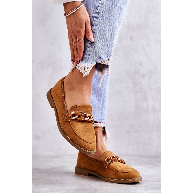 FB2 Damskie Zamszowe Mokasyny Z Łańcuszkiem Camel Nolie brązowe 2