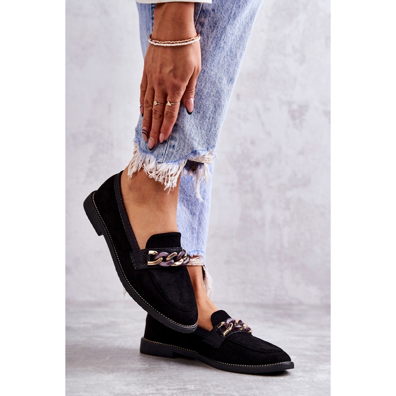 FB2 Damskie Zamszowe Mokasyny Z Łańcuszkiem Czarne Nolie 3