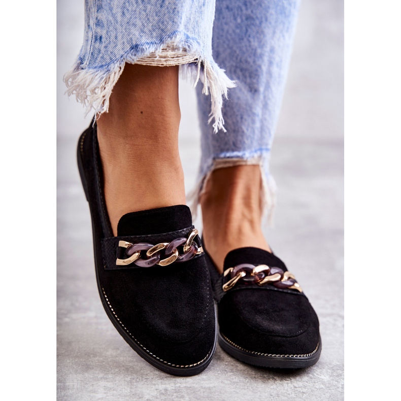 FB2 Damskie Zamszowe Mokasyny Z Łańcuszkiem Czarne Nolie 1