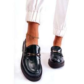 Lemar Skórzane półbuty damskie lakierowane ze srebrną ozdobą zielone 1