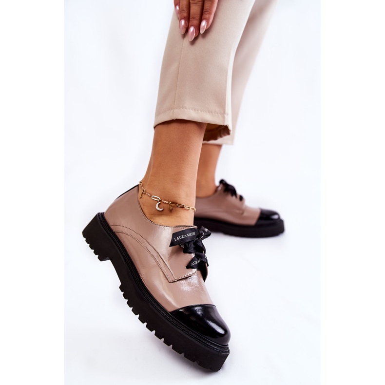 Lakierowane Półbuty Wiązane Laura Messi 2441 Beżowe brązowe 1