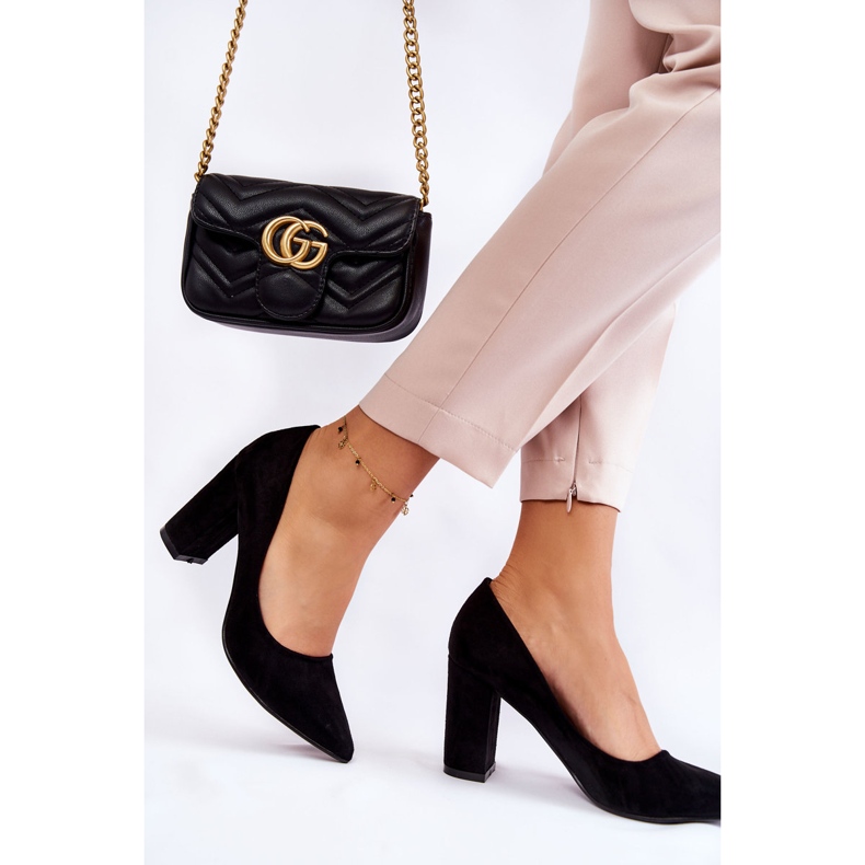 PS1 Klasyczne Zamszowe Czółenka Na Słupku Czarne Kendra 2