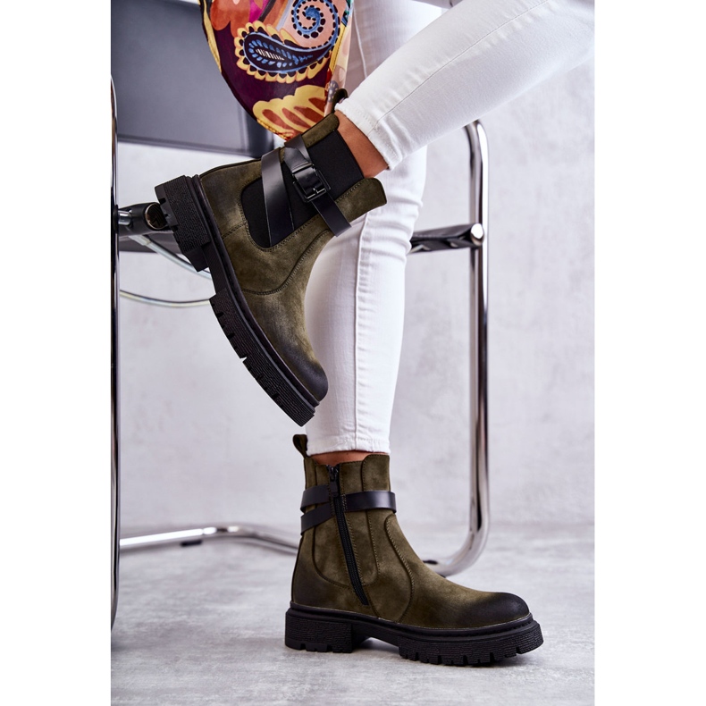 FE1 Damskie Ocieplane Botki Sztyblety Z Paskiem Zielone Jose M619 4