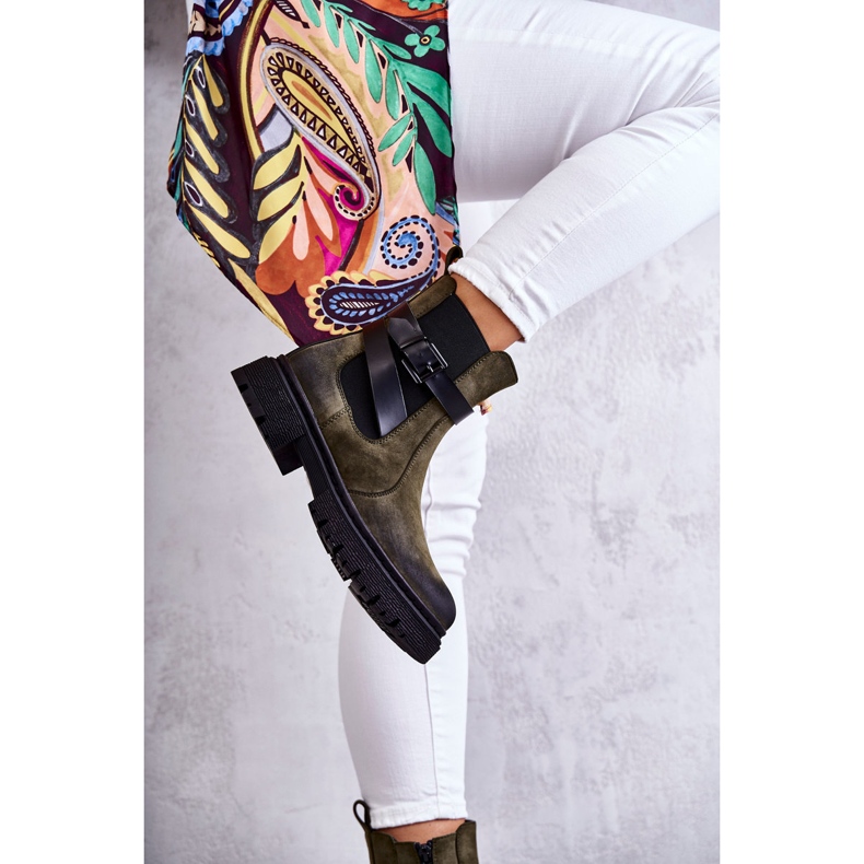 FE1 Damskie Ocieplane Botki Sztyblety Z Paskiem Zielone Jose M619 3