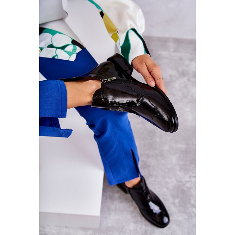 S.Barski Lakierowane Botki Z Ozdobą Czarne 1