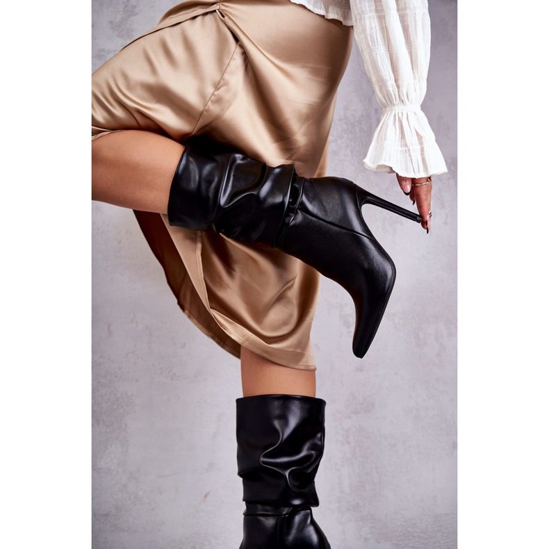 WS1 Marszczone Eko-Skóra Kozaki Na Szpilce Czarne Caren S1707 2