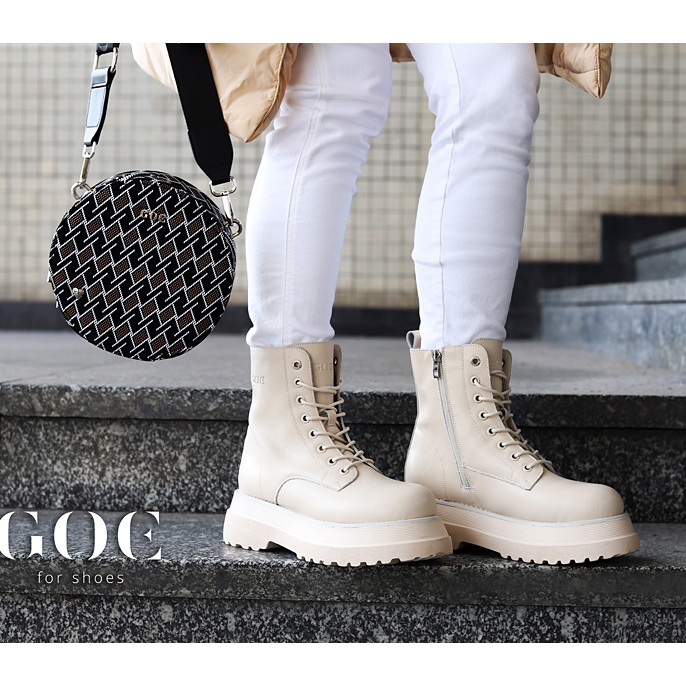 Skórzane botki na platformie ocieplane beżowe Goe KK2N4066 beżowy 1