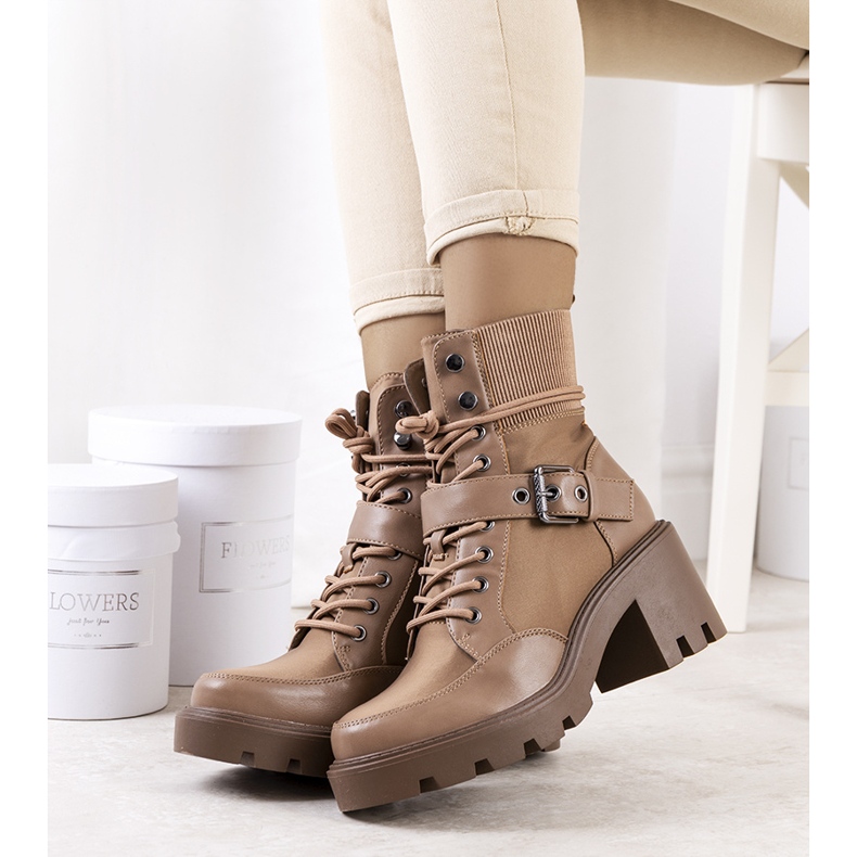 PA1 Brązowe traperki na obcasie Messina beżowy 1