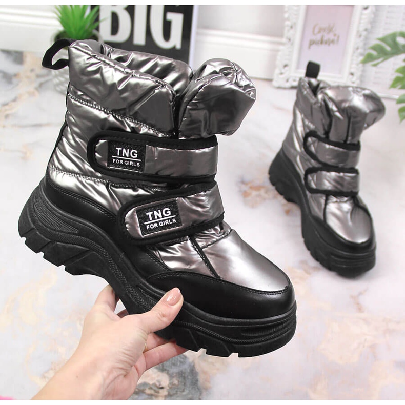 Śniegowce młodzieżowe na rzepy pewter Potocki srebrny 1