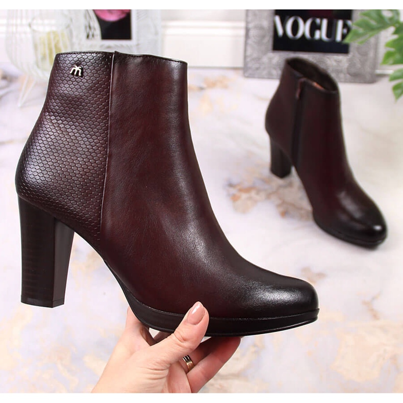 M. DASZYŃSKI Botki damskie na słupku ocieplane bordowe M.Daszyński bordowy 1