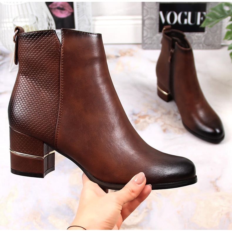 M. DASZYŃSKI Botki sztyblety damskie na słupku ocieplane brązowe M.Daszyński 1