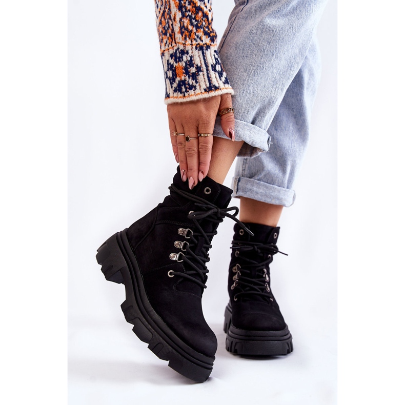 Skórzane Ocieplane Botki Sznurowane Czarne Merisha 1