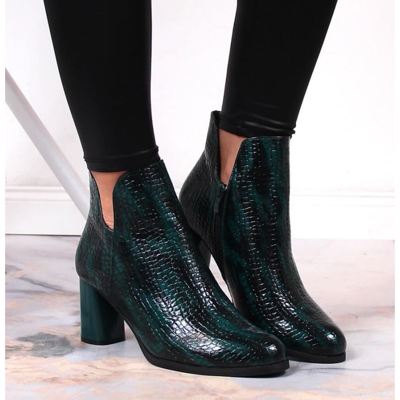 Botki lakierowane na słupku kroko ocieplane Jezzi W JEZ385B zielone 2