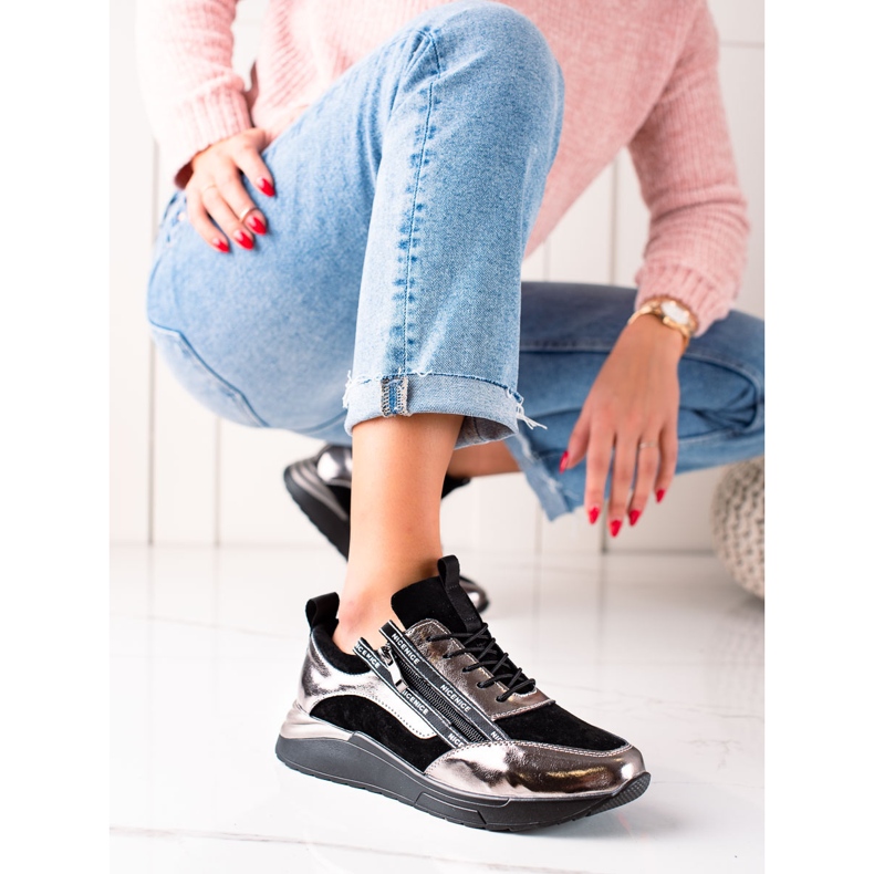 W. Potocki Czarno-srebrne Sneakersy Ze Skóry Potocki czarne złoty 1