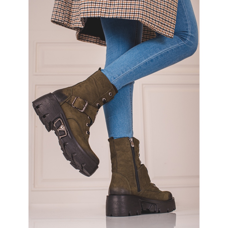 Workery damskie ze skóry naturalnej Shelovet zielone 1