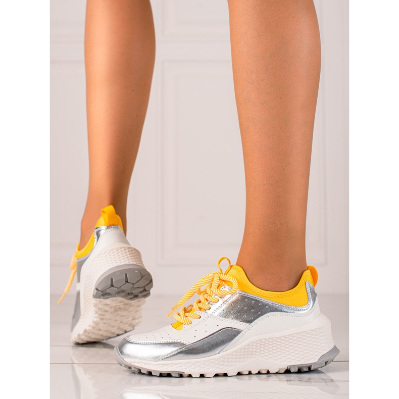 Goodin Stylowe Sneakersy Ze Skóry białe srebrny żółte 2