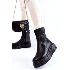 PL5 Damskie Skórzane Botki Na Platformie Czarne 1