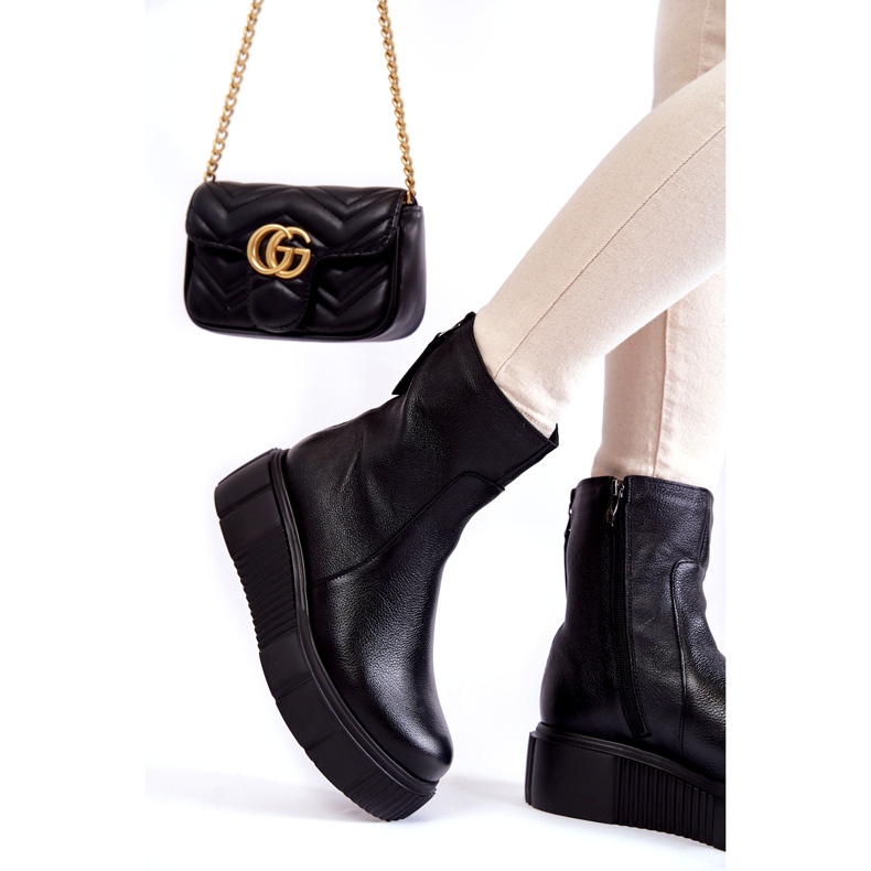 PL5 Damskie Skórzane Botki Na Platformie Czarne 2