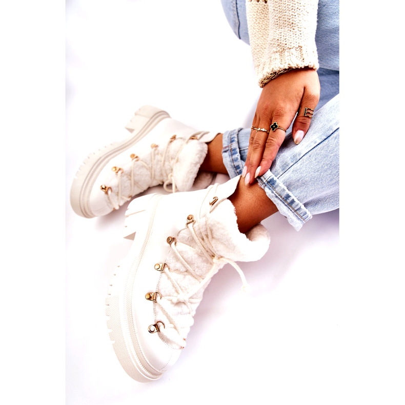 PS1 Eko-Skóra Ocieplane Botki Trapery Białe Arisa 4