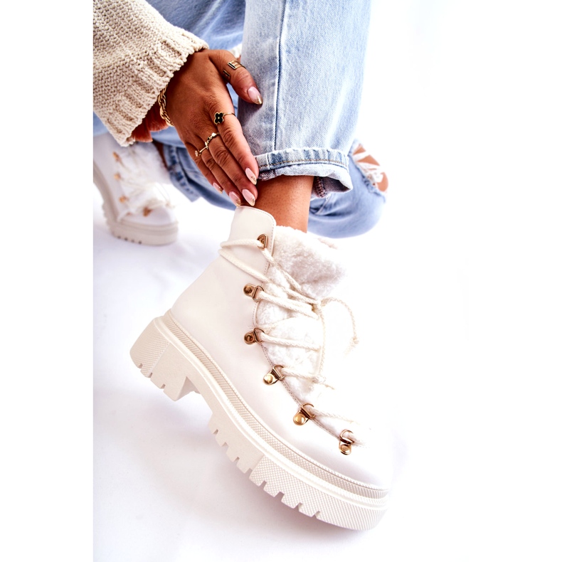 PS1 Eko-Skóra Ocieplane Botki Trapery Białe Arisa 3