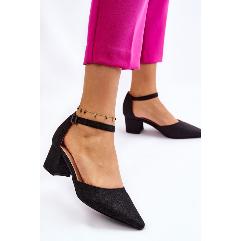 PG1 Modne Błyszczące Czółenka Na Niskim Obcasie Czarne Leilany 2