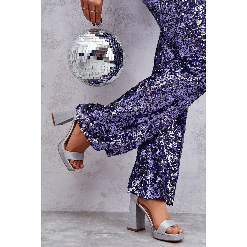 Błyszczące Sandałki Na Masywnym Obcasie Srebrne Calmi srebrny 2