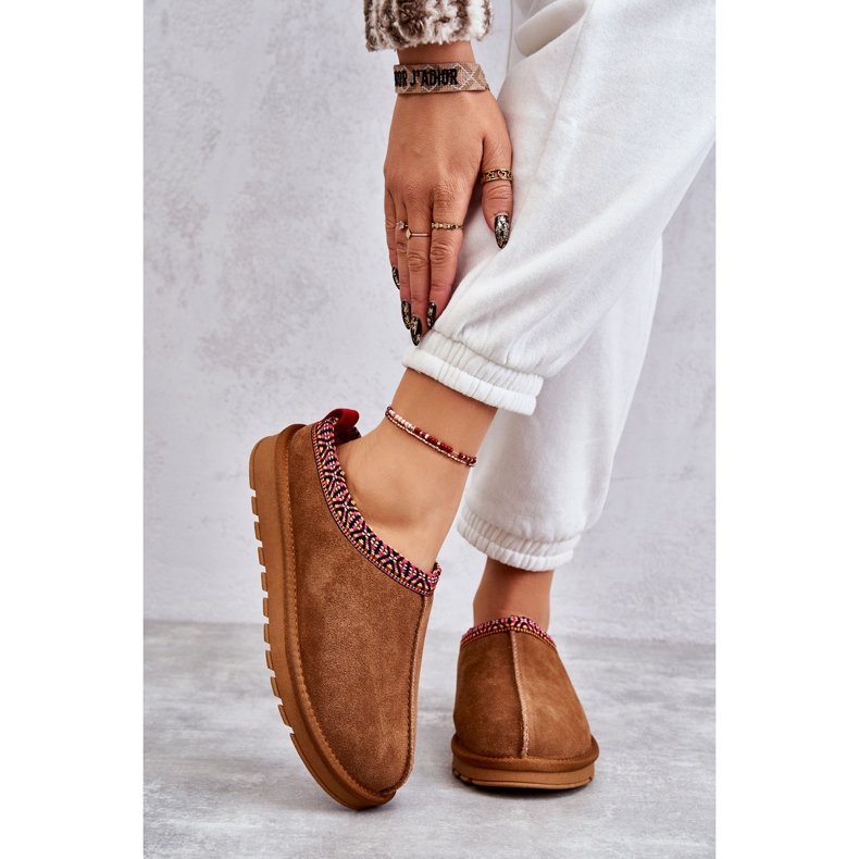 Zamszowe Damskie Papcie Z Futerkiem Camel Buffie brązowe 2