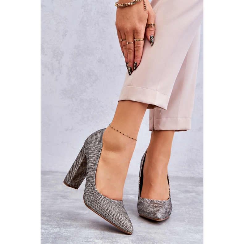 PA1 Błyszczące Czółenka Na Słupku Srebrno-Złote Elmira brązowe srebrny 1