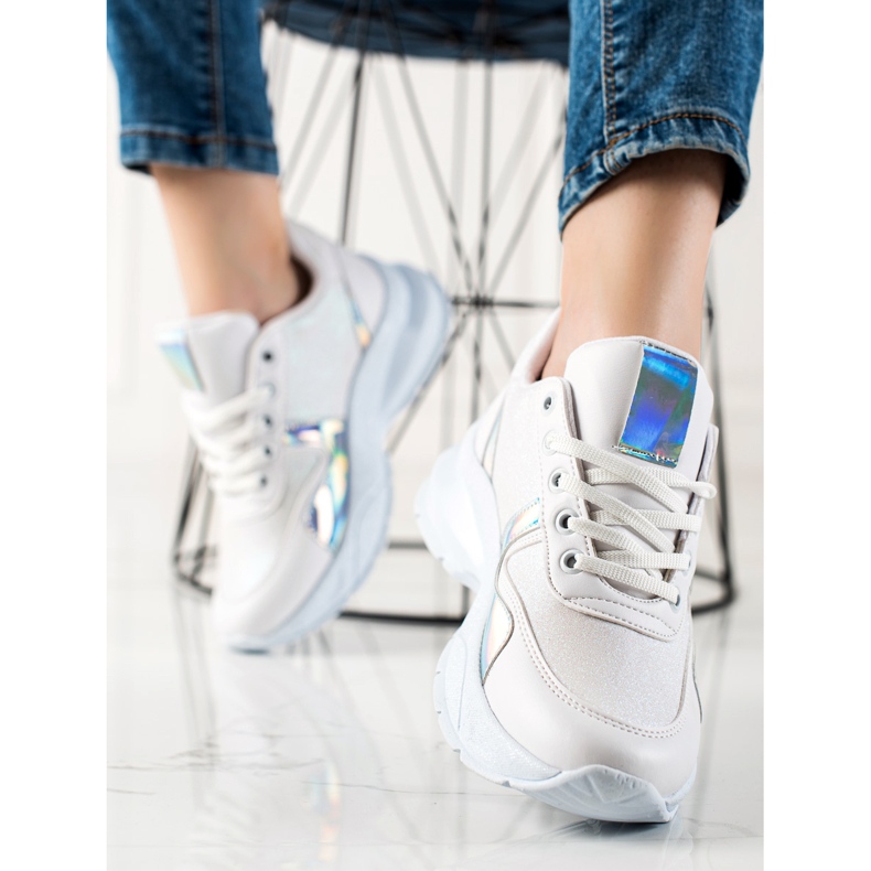 TRENDI Sneakersy Z Brokatem białe srebrny 1