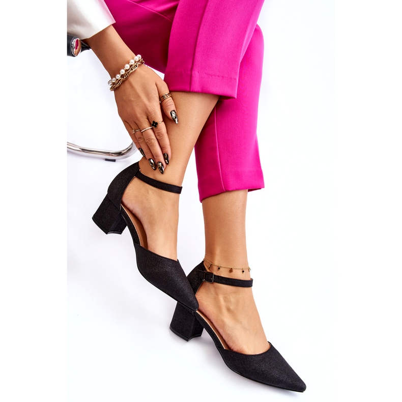 PG1 Modne Błyszczące Czółenka Na Niskim Obcasie Czarne Leilany 4