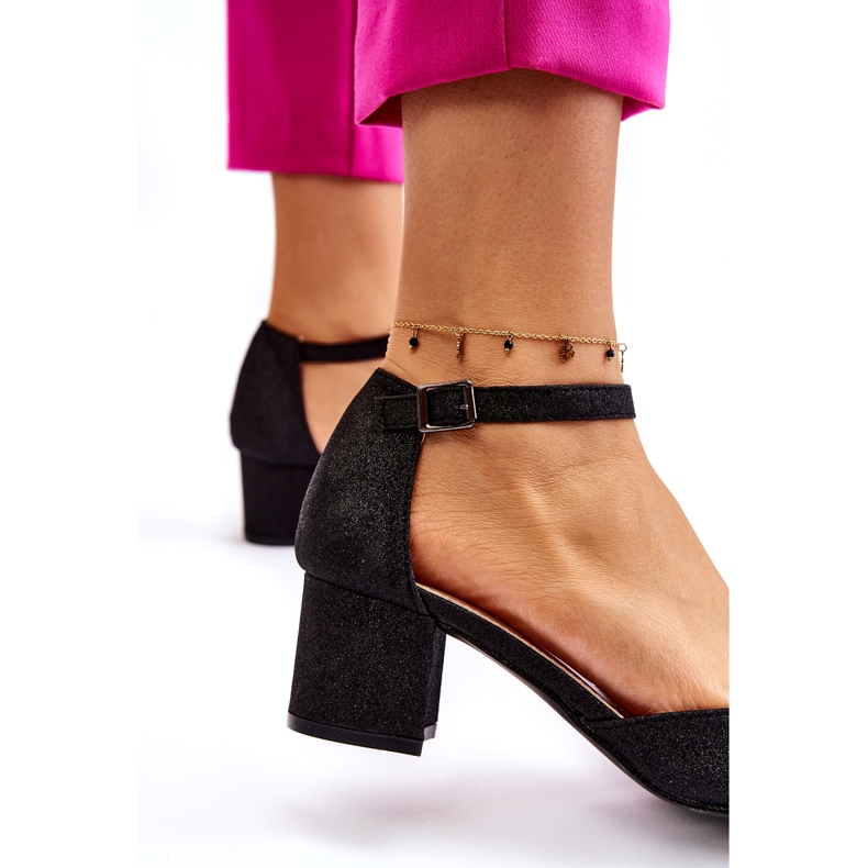 PG1 Modne Błyszczące Czółenka Na Niskim Obcasie Czarne Leilany 2