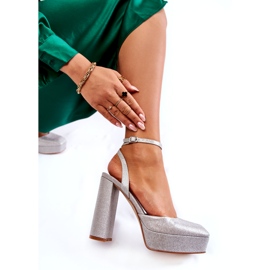 Damskie sandały brokatowe na słupku srebrne srebrny 3