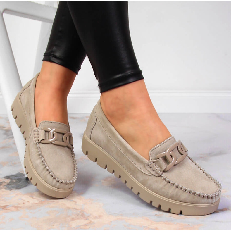 Mokasyny skórzane damskie na platformie beżowe Filippo DP3334 beżowy 1