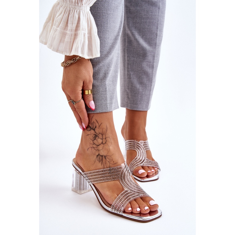 S.Barski Klapki Na Obcasie Z Dżetami Srebrne Jaxen srebrny 1