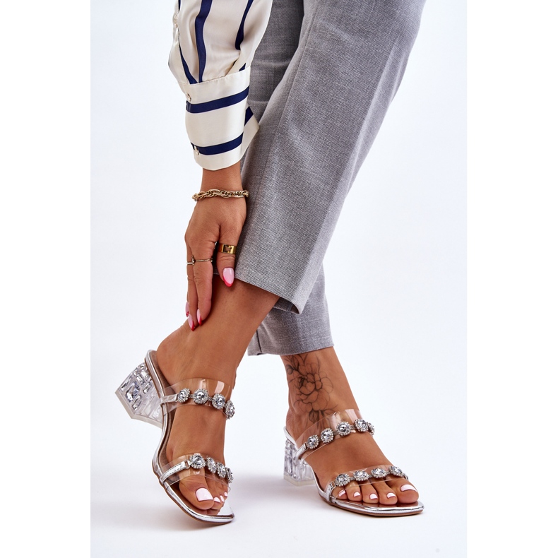 S.Barski Damskie Klapki Z Ozdobnymi Cyrkoniami Srebrne Leyla srebrny 2