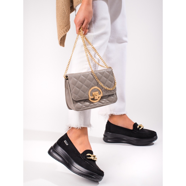 Mokasyny damskie Shelovet na koturnie z łańcuszkiem czarne 2