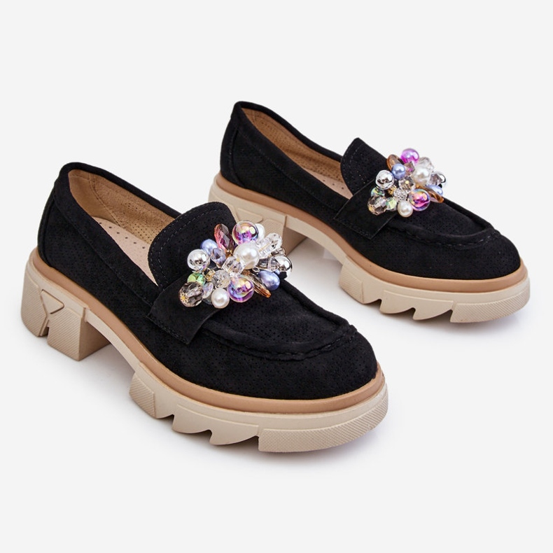 PM1 Damskie Półbuty Mokasyny Z Ozdobami Czarne Issac 1