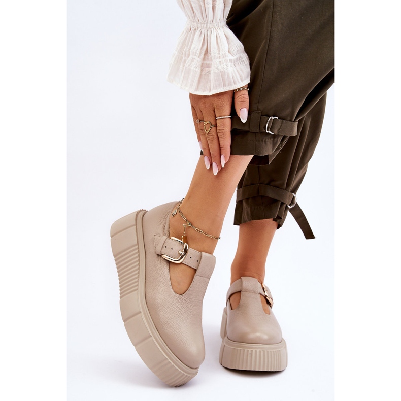 Lemar Modne Skórzane Półbuty Na Masywnej Platformie Beżowe Colson beżowy 1