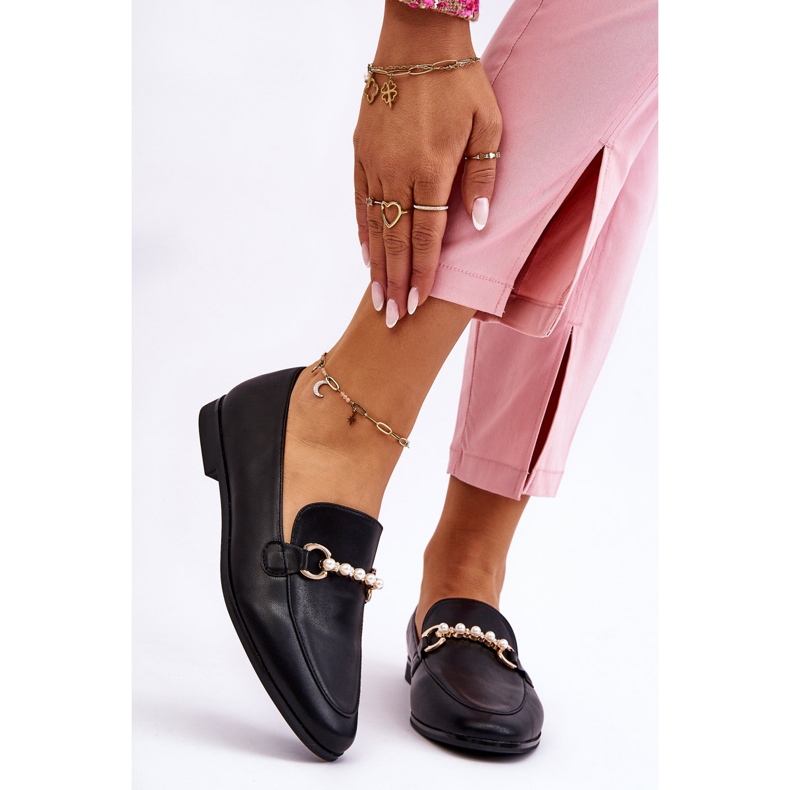 PG1 Damskie Skórzane Mokasyny Z Ozdobnymi Perełkami Czarne Ishan 1