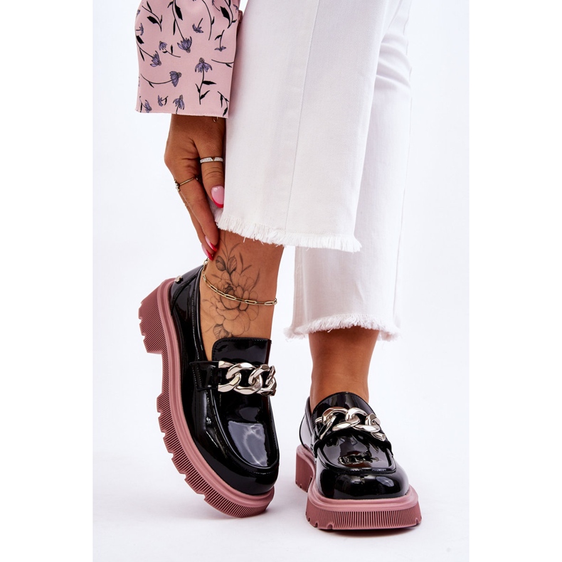 Lakierowane Mokasyny Z Łańcuchem GOE LL2N4039 Czarno-Fioletowe czarne 2