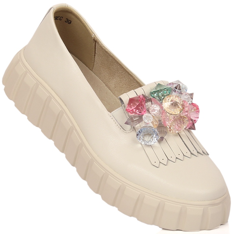 Skórzane półbuty damskie na platformie z ozdobnymi kamieniami Filippo DP4593/23 ecru 1