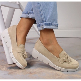 Skórzane mokasyny na koturnie z frędzlami beżowe Filippo DP3162/23 beżowy 1