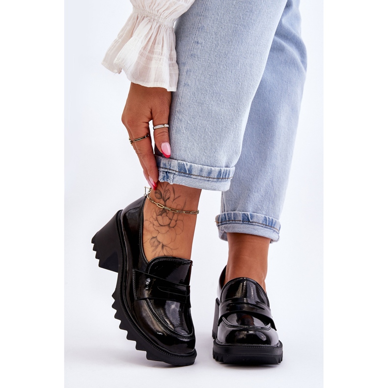 S.Barski Lakierowane Czółenka Mokasyny Na Obcasie Czarne Jay 1