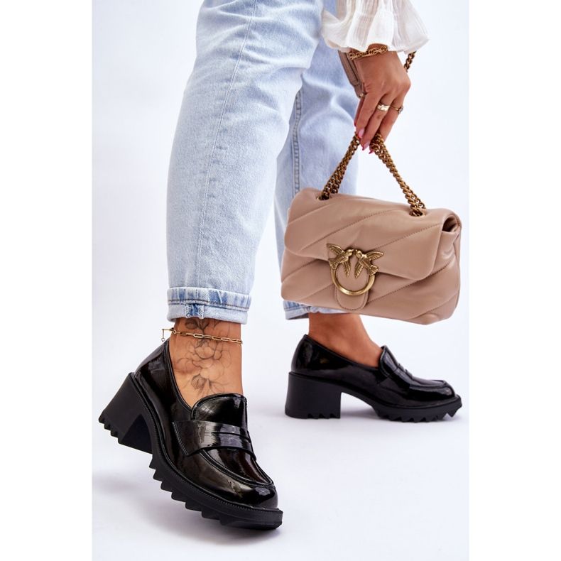 S.Barski Lakierowane Czółenka Mokasyny Na Obcasie Czarne Jay 2