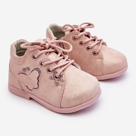 Skórzane Botki Sznurowane Z Motylkiem Różowe Avi 1